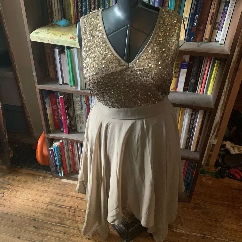 Venus gold sequin handkerchief hem layered 10 sleeveless dress